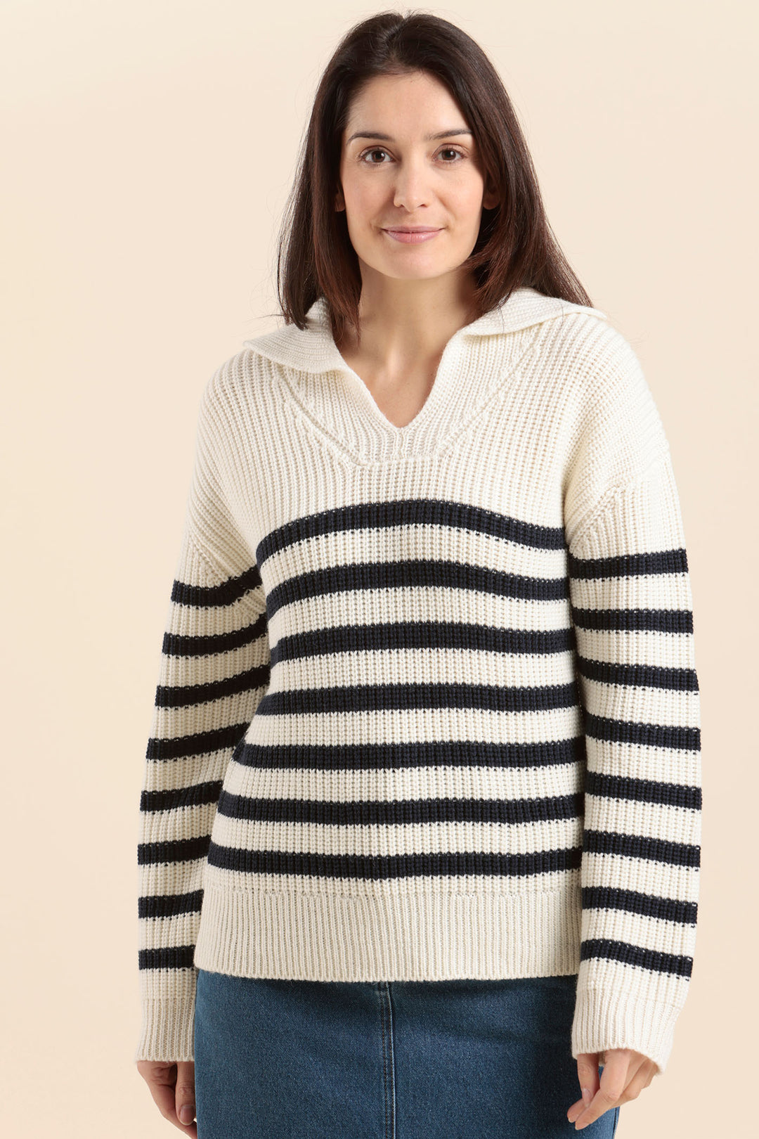 Mat De Misaine Jumper Striped Split Neck Cream Navy Tanguy-506R 1523 - Shirley Allum Boutique