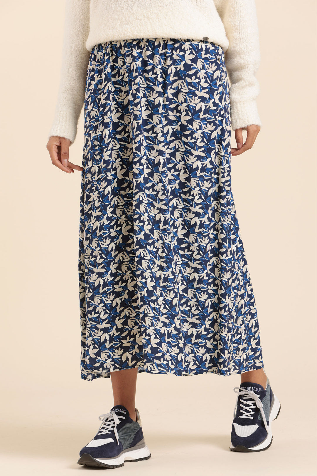 Mat De Misaine Skirt Midi Leaf Print Navy Cream Jade-2917HE I63 - Shirley Allum Boutique