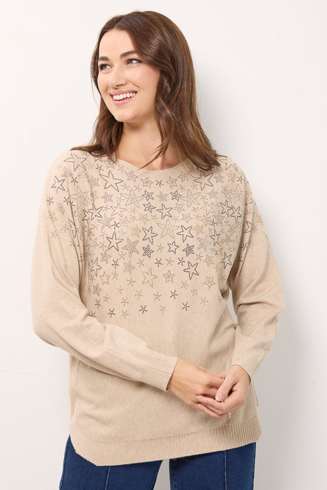 Mudflower Jumper SU-24MF-557 Beige Star Diamante - Shirley Allum Boutique