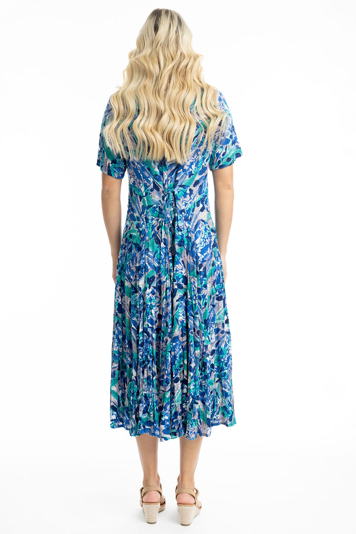 Orientique Dress Cayman Godet Short Sleeve Blue Print 30043 - Shirley Allum Boutique