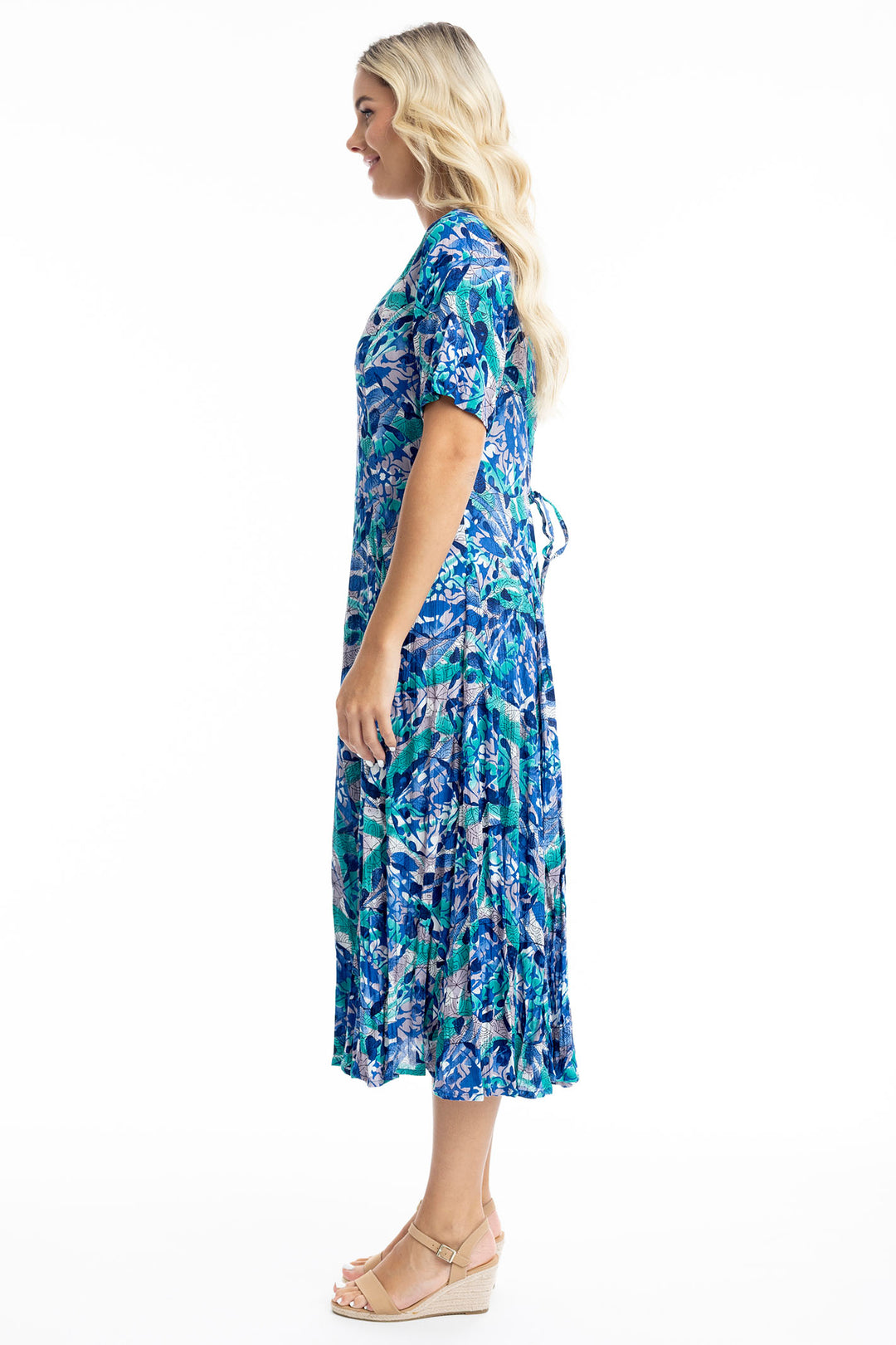 Orientique Dress Cayman Godet Short Sleeve Blue Print 30043 - Shirley Allum Boutique