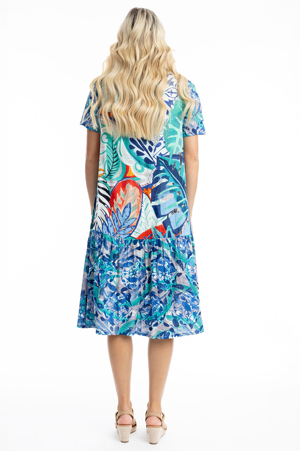 Orientique Dress Cayman Midi Blue Patch Print 30041 - Shirley Allum Boutique