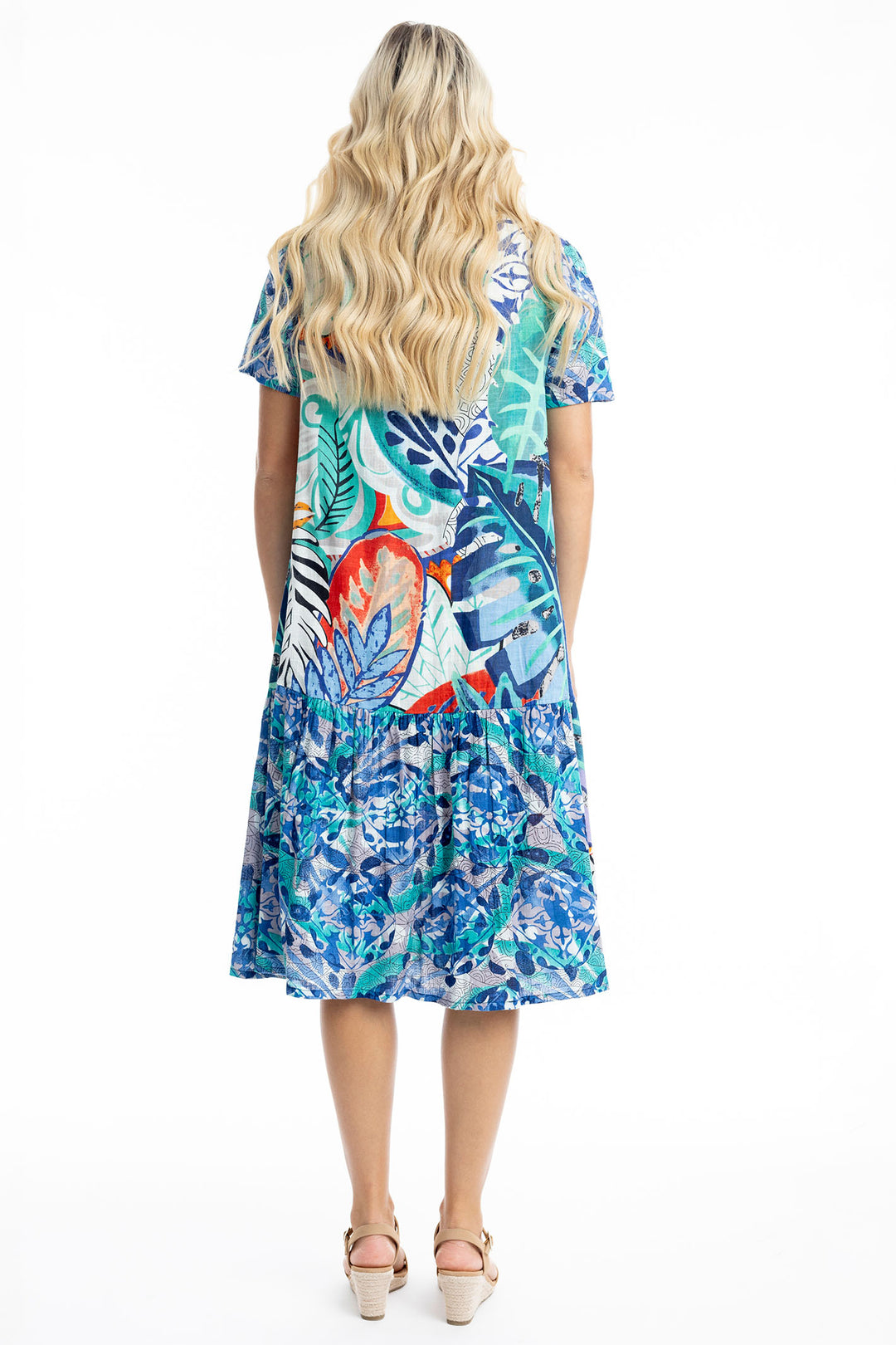 Orientique Dress Cayman Midi Blue Patch Print 30041 - Shirley Allum Boutique