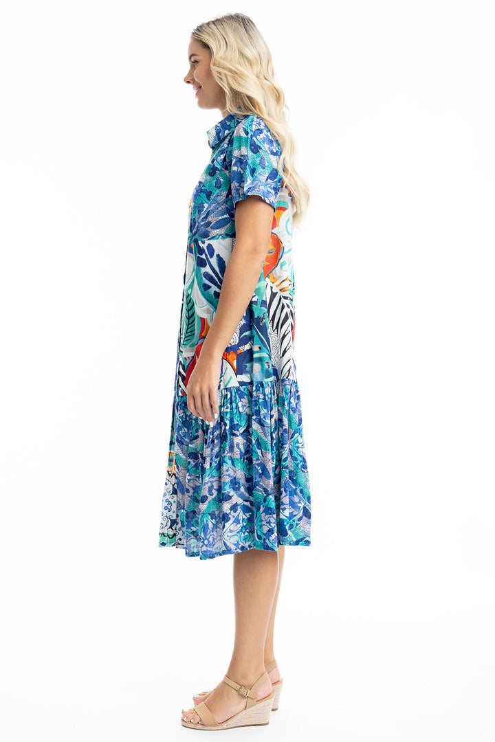 Orientique Dress Cayman Midi Blue Patch Print 30041 - Shirley Allum Boutique