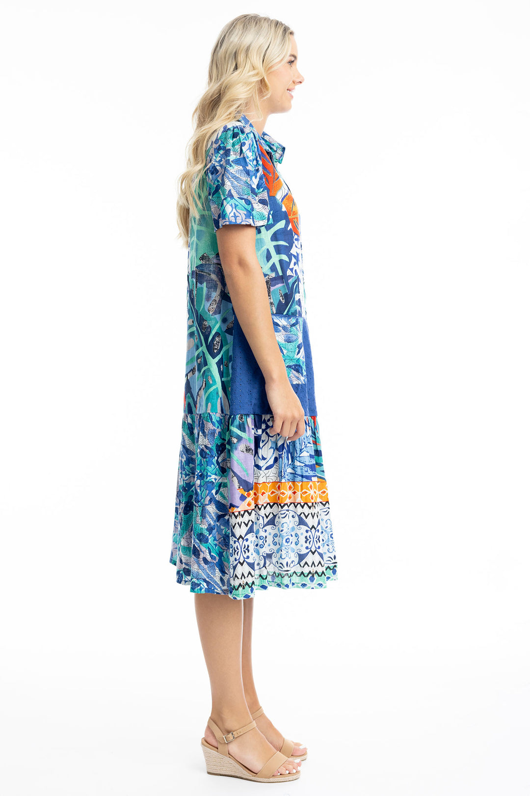 Orientique Dress Cayman Midi Blue Patch Print 30041 - Shirley Allum Boutique