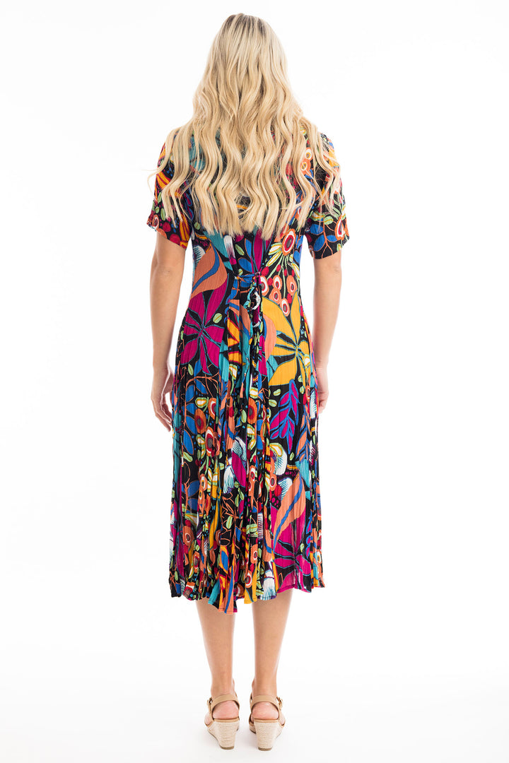 Orientique Dress Copacabana Godet Short Sleeve Multicolour Print 61680 - Shirley Allum Boutique