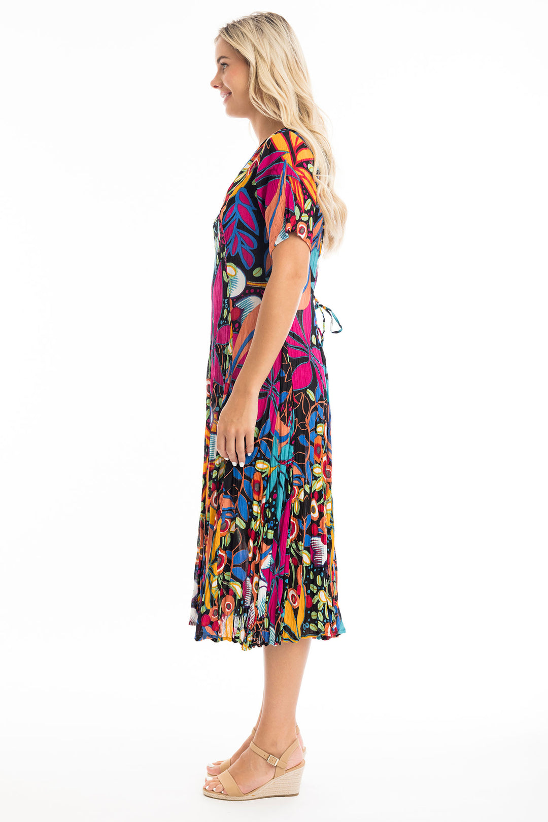 Orientique Dress Copacabana Godet Short Sleeve Multicolour Print 61680 - Shirley Allum Boutique