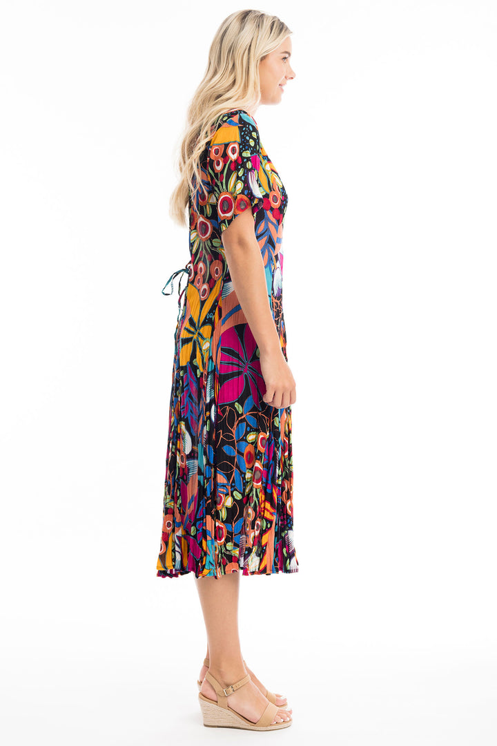 Orientique Dress Copacabana Godet Short Sleeve Multicolour Print 61680 - Shirley Allum Boutique