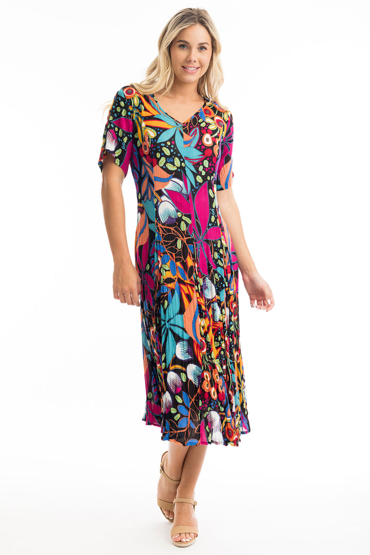 Orientique Dress Copacabana Godet Short Sleeve Multicolour Print 61680 - Shirley Allum Boutique