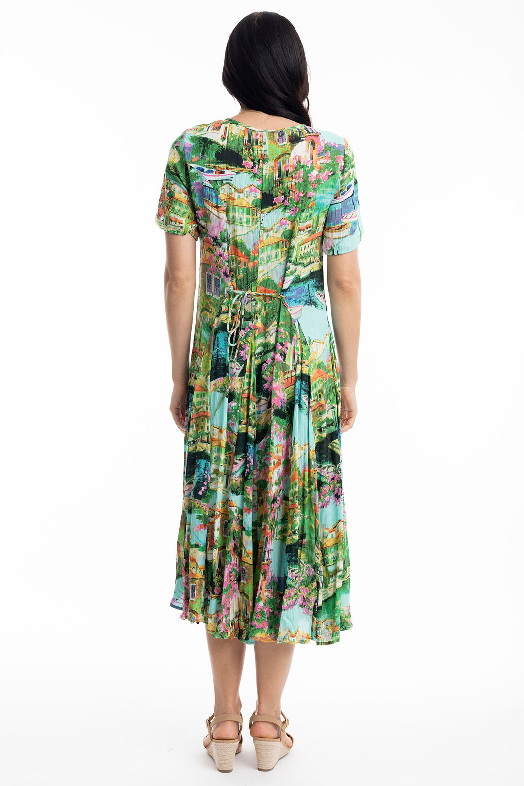 Orientique Dress Green Bellagio Godet Short Sleeves Print 40008 - Shirley Allum Boutique