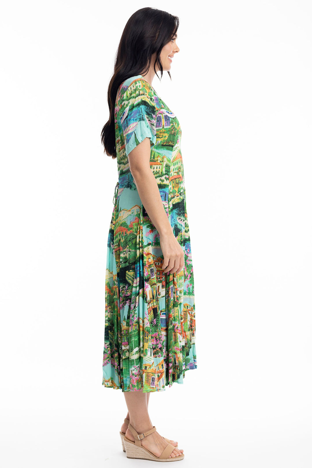 Orientique Dress Green Bellagio Godet Short Sleeves Print 40008 - Shirley Allum Boutique