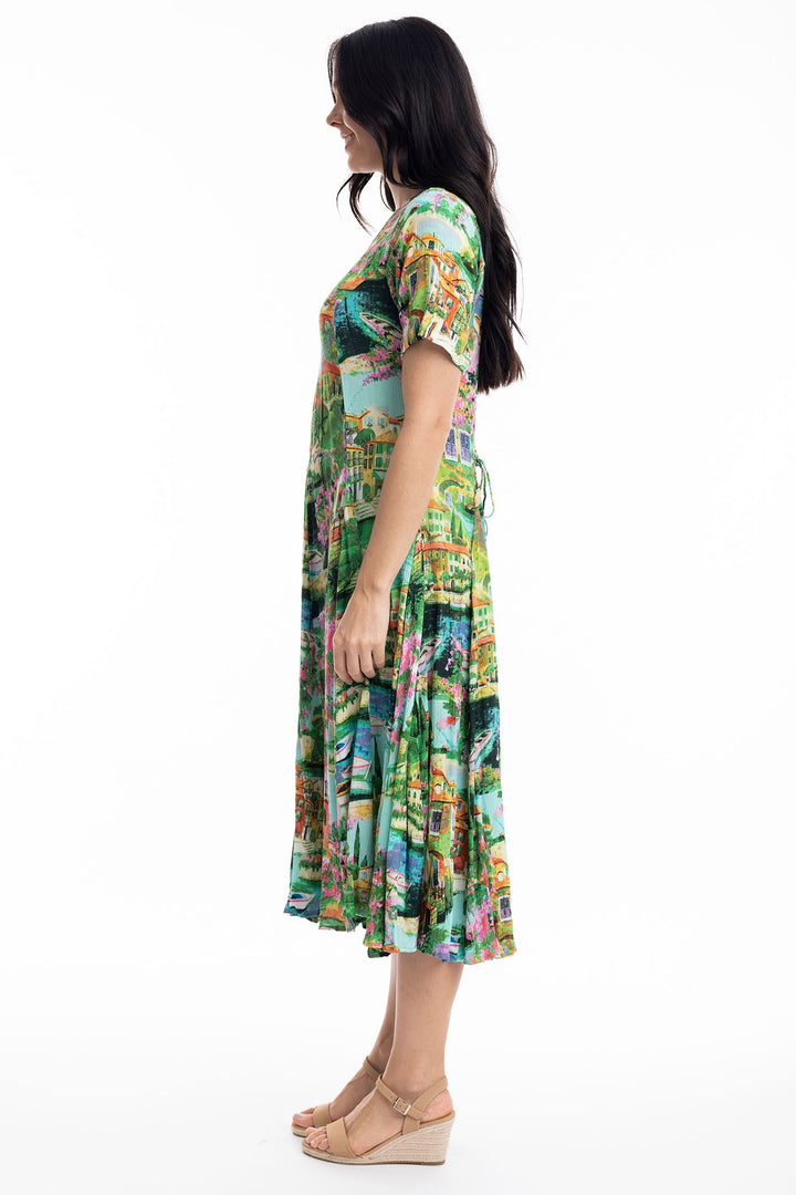 Orientique Dress Green Bellagio Godet Short Sleeves Print 40008 - Shirley Allum Boutique