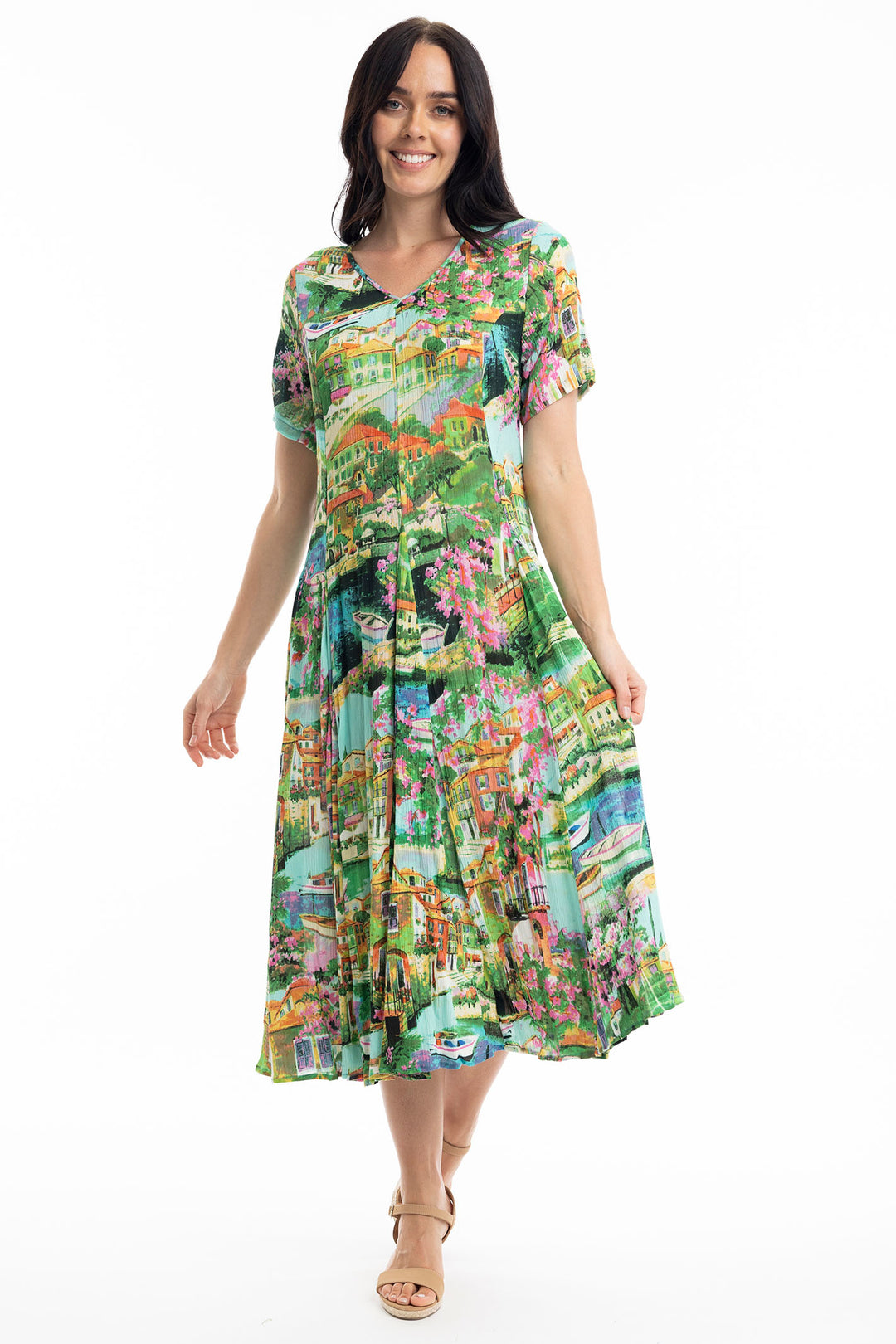 Orientique Dress Green Bellagio Godet Short Sleeves Print 40008 - Shirley Allum Boutique