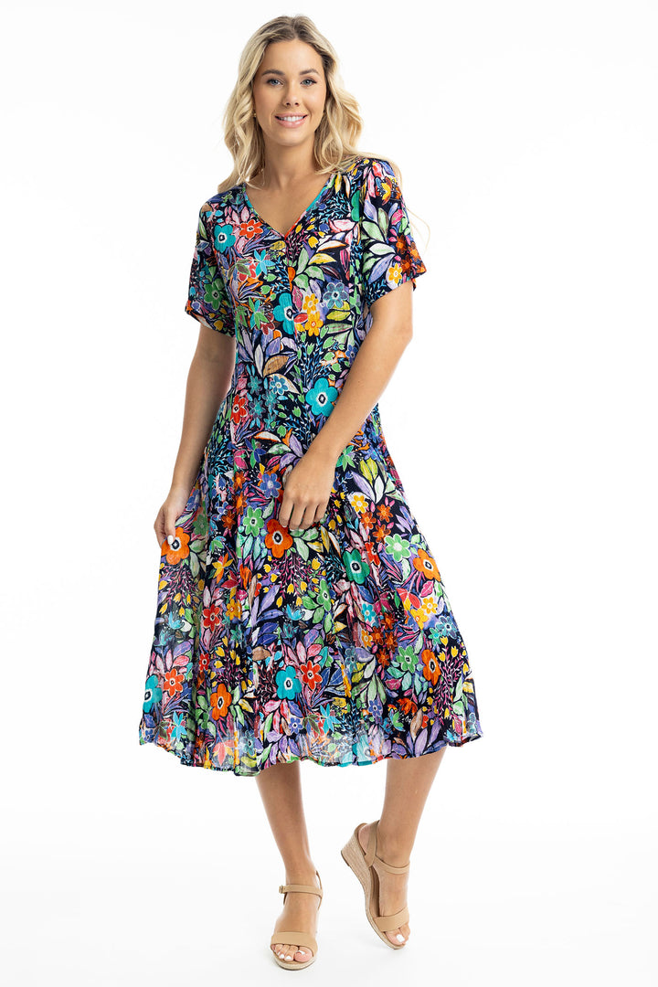 Orientique Dress Grenada Godet Short Sleeves Print 81271 - Shirley Allum Boutique