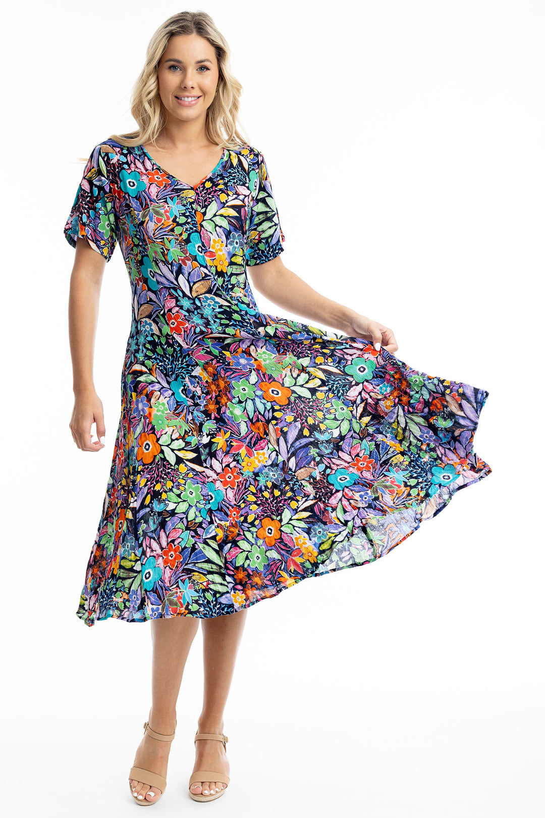 Orientique Dress Grenada Godet Short Sleeves Print 81271 - Shirley Allum Boutique