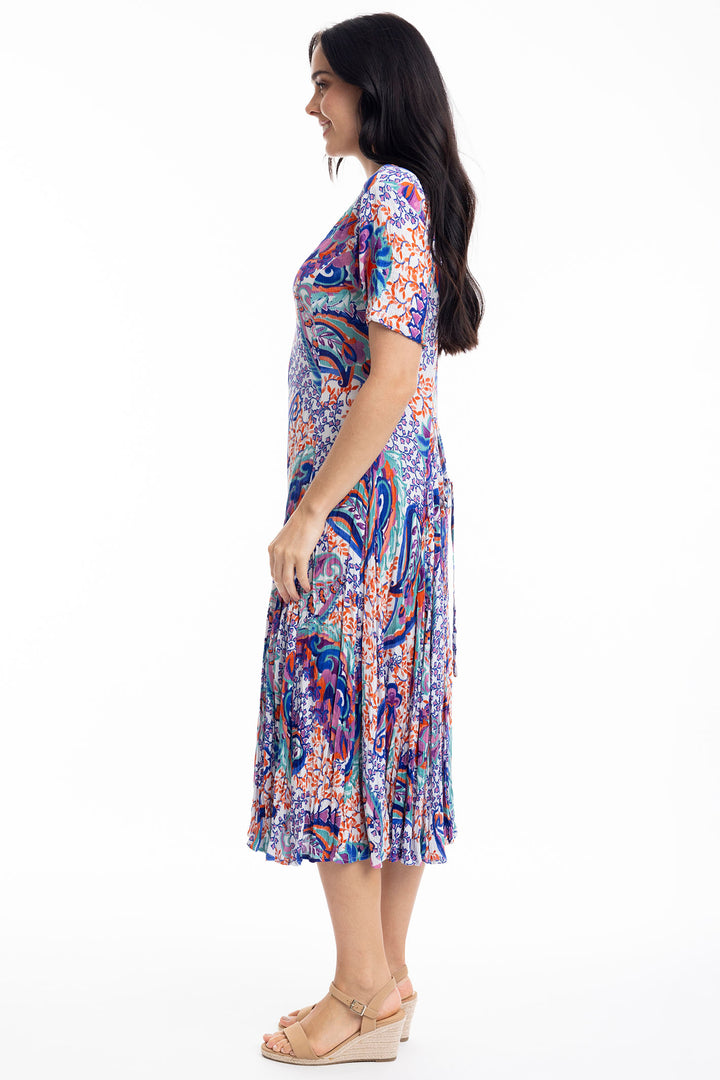 Orientique Dress Radhanagar Godet Short Sleeves Print Mauve 81290 - Shirley Allum Boutique