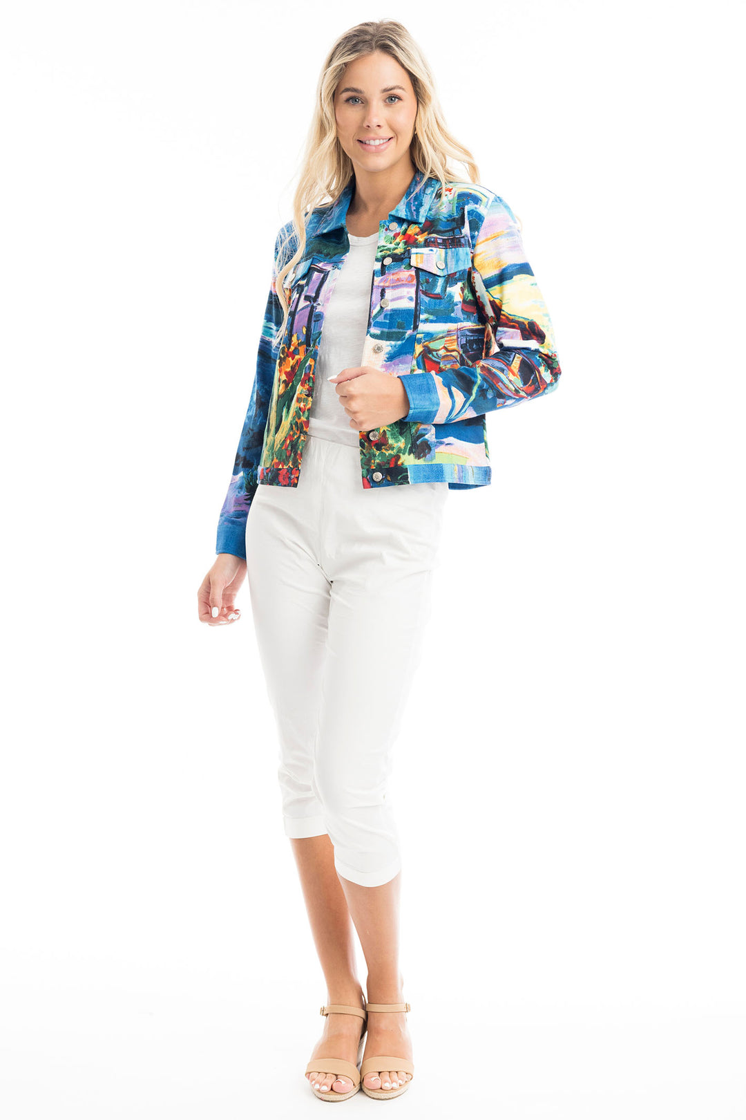 Orientique Jacket Jean Style Blue Ponte Santorini Print 22993 - Shirley Allum Boutique