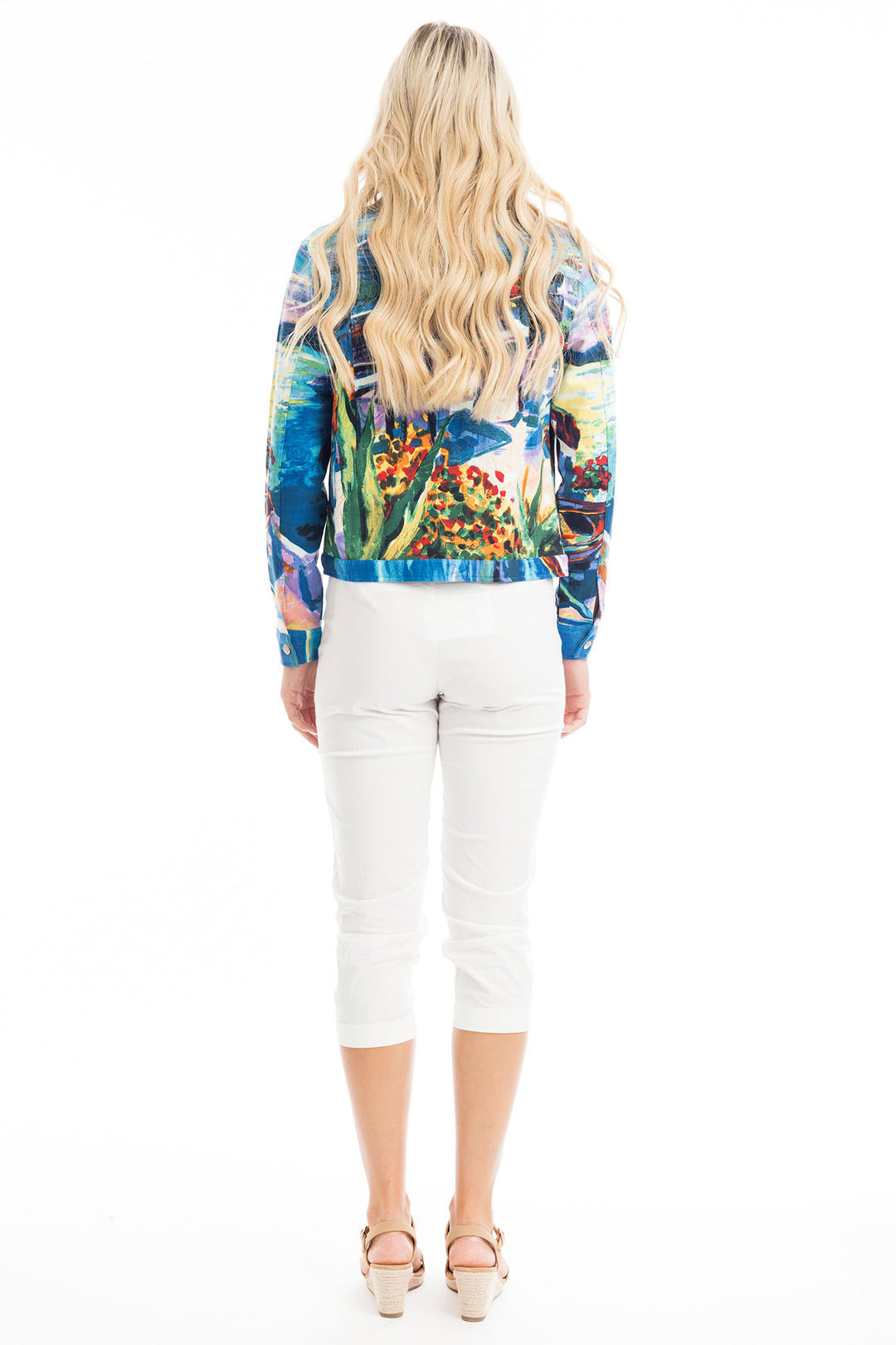 Orientique Jacket Jean Style Blue Ponte Santorini Print 22993 - Shirley Allum Boutique