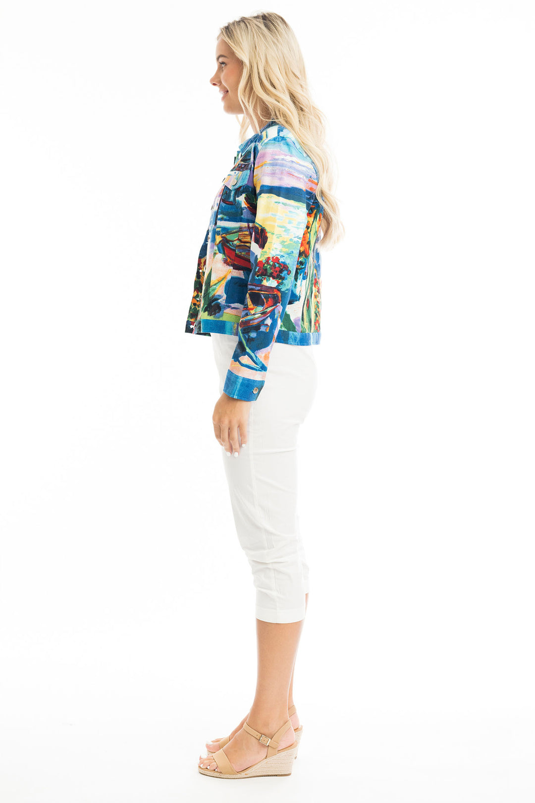 Orientique Jacket Jean Style Blue Ponte Santorini Print 22993 - Shirley Allum Boutique