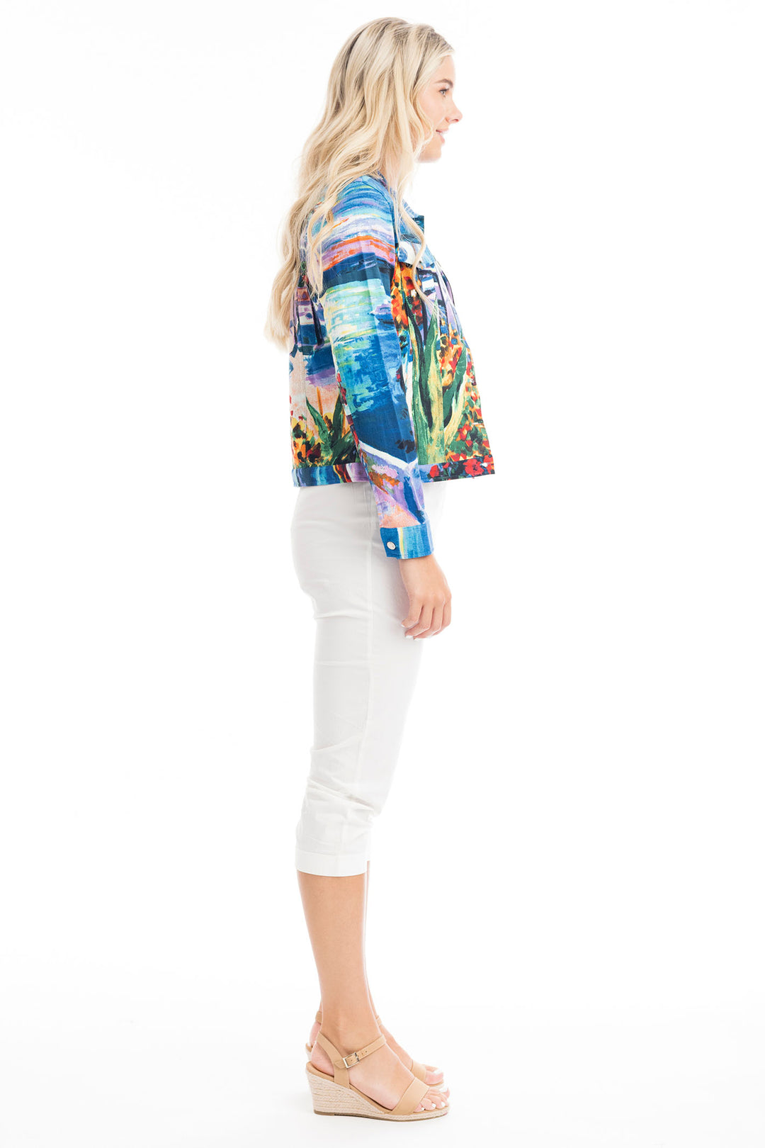 Orientique Jacket Jean Style Blue Ponte Santorini Print 22993 - Shirley Allum Boutique