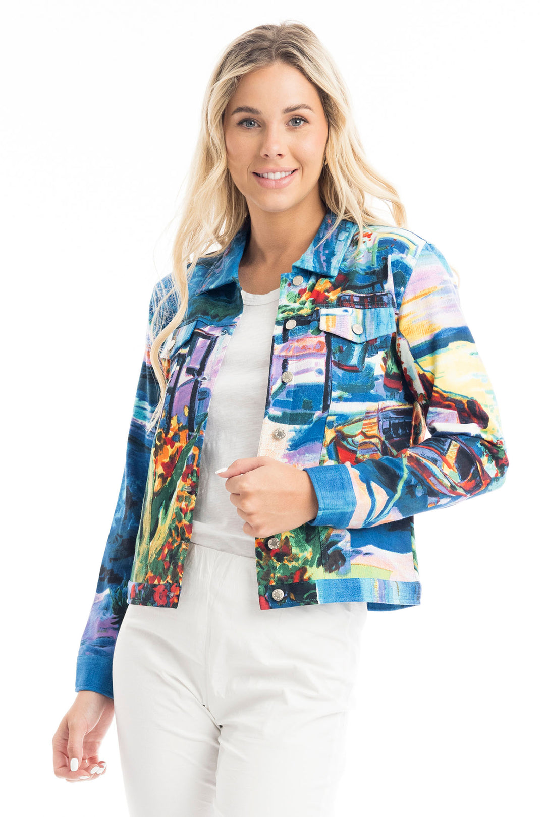 Orientique Jacket Jean Style Blue Ponte Santorini Print 22993 - Shirley Allum Boutique