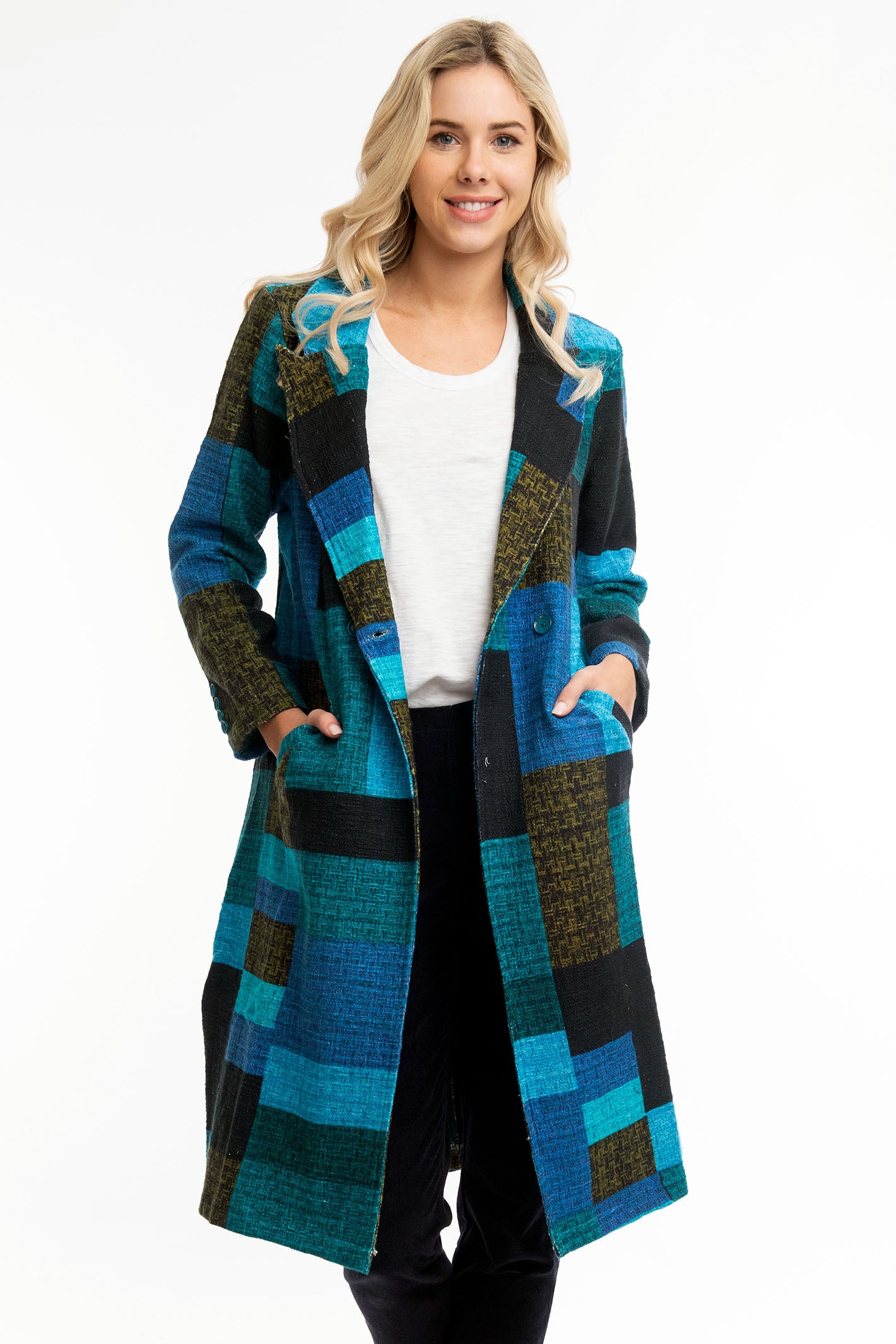 Orientique Long Coat Blue Tartan Patch Print 62654 - Shirley Allum Boutique