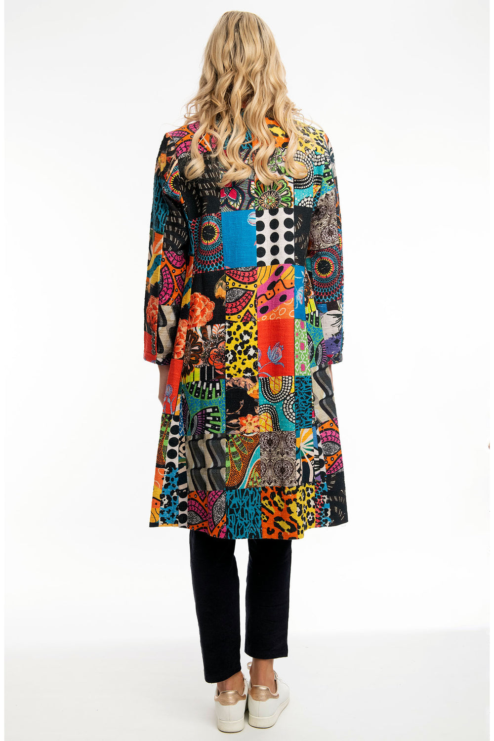 Orientique Long Coat Multicolour Guilliaume Tartan Patchwork Print 62654 - Shirley Allum Boutique