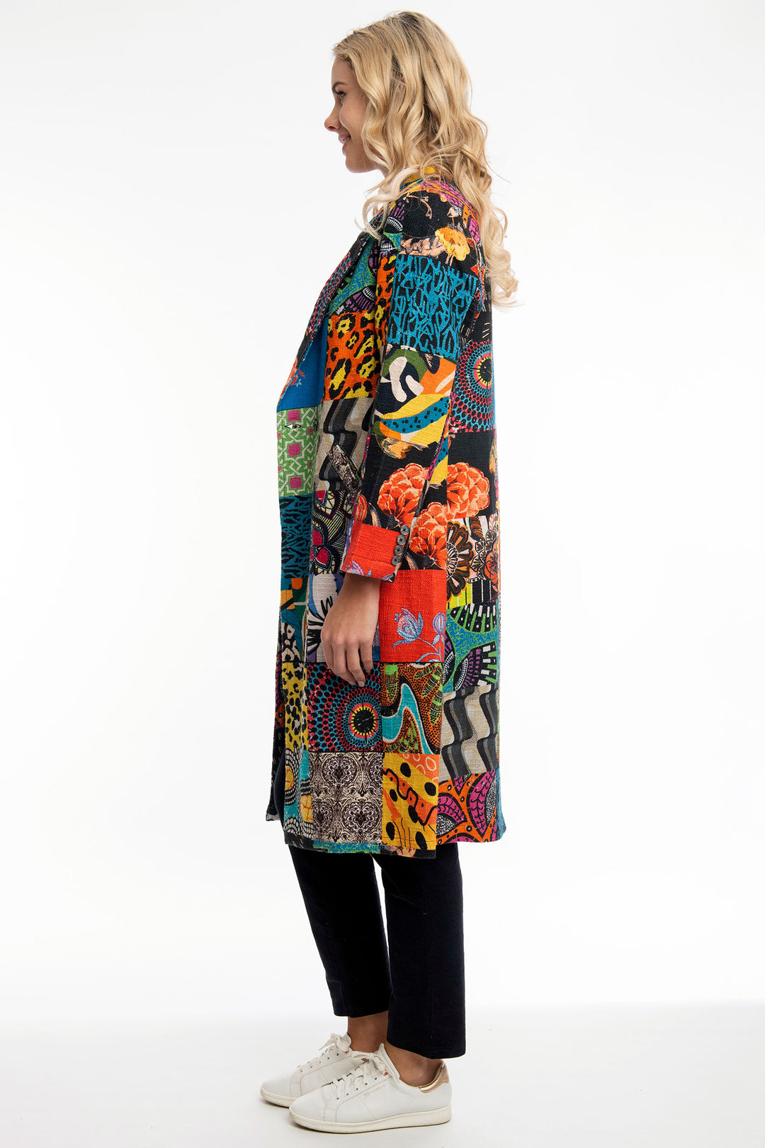 Orientique Long Coat Multicolour Guilliaume Tartan Patchwork Print 62654 - Shirley Allum Boutique