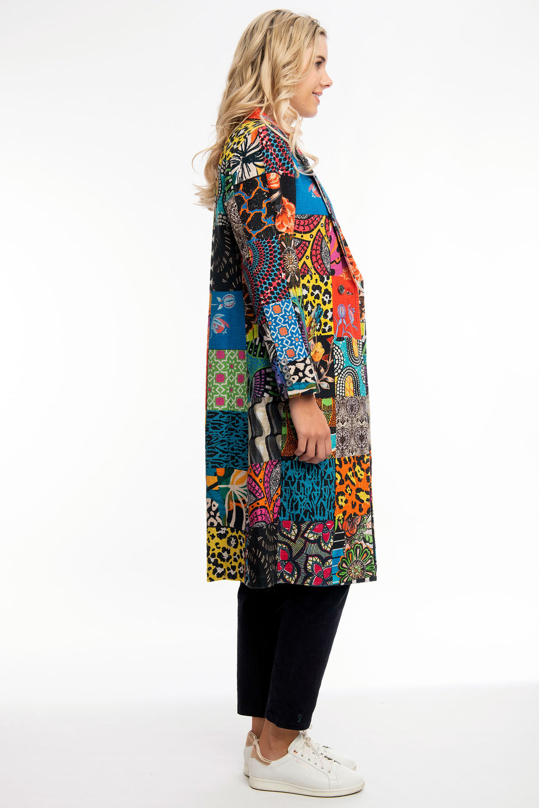 Orientique Long Coat Multicolour Guilliaume Tartan Patchwork Print 62654 - Shirley Allum Boutique