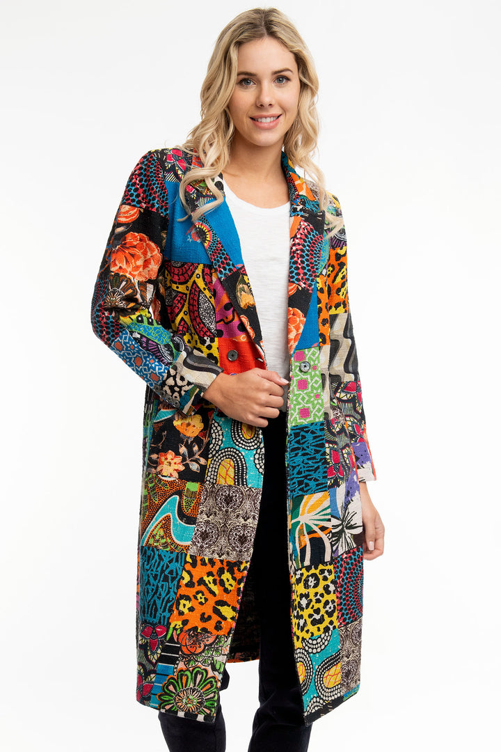 Orientique Long Coat Multicolour Guilliaume Tartan Patchwork Print 62654 - Shirley Allum Boutique