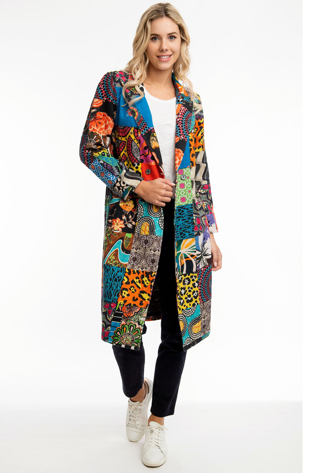 Orientique Long Coat Multicolour Guilliaume Tartan Patchwork Print 62654 - Shirley Allum Boutique