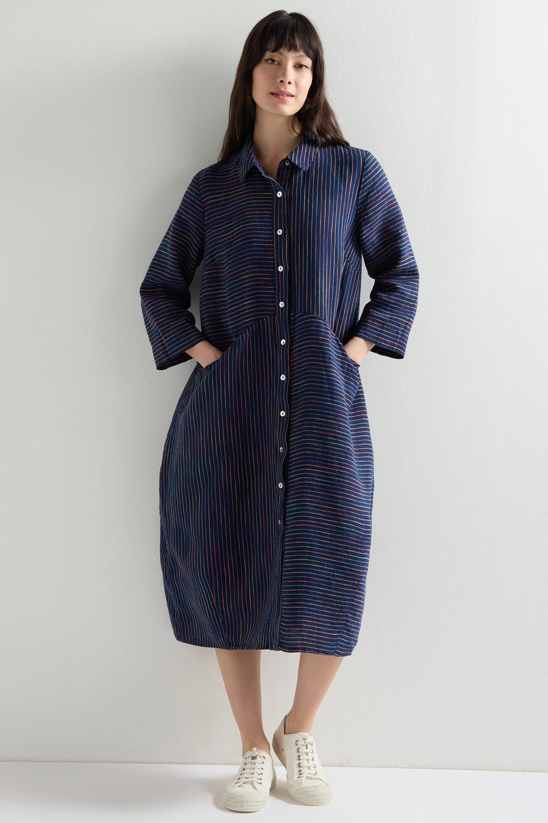 Sahara Shirt Dress Linen Space Dye Stripe Night Blue Navy Multi LAD6176-NSDS - Shirley Allum Boutique