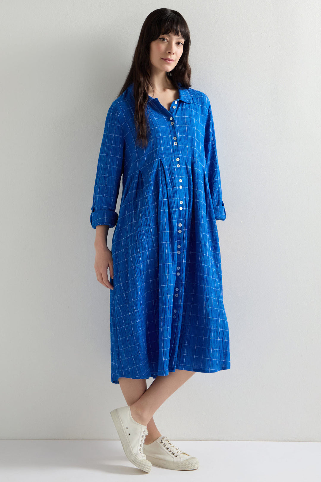 Sahara Shirt Dress Stitched Grid Check Periwinkle White GRD5192-SGRC - Shirley Allum Boutique