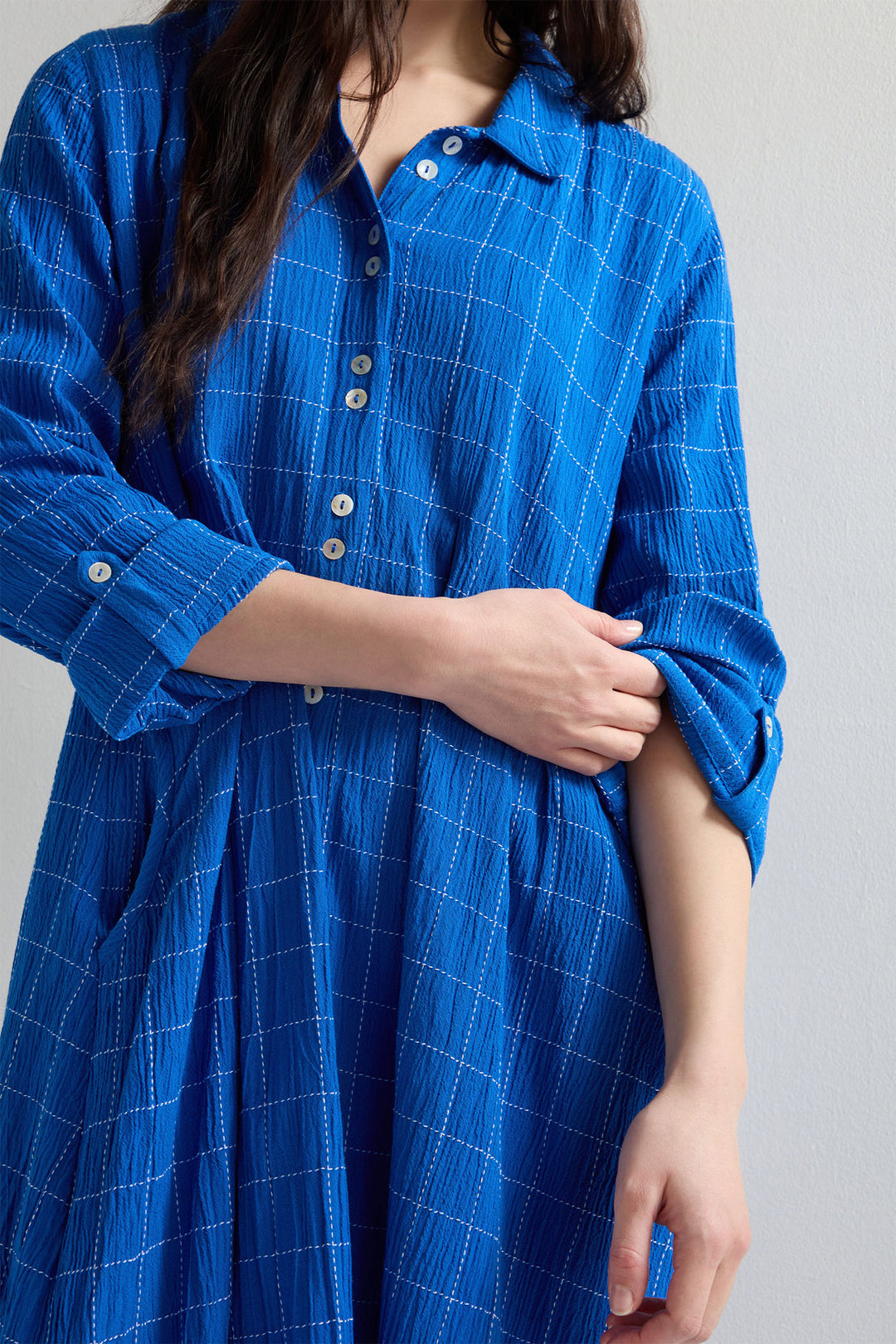 Sahara Shirt Dress Stitched Grid Check Periwinkle White GRD5192-SGRC - Shirley Allum Boutique