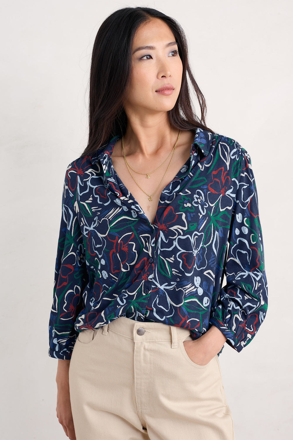 Seasalt 3/4 Embrace Shirt Painters Garden Mix Navy Multicolour - Shirley Allum Boutique