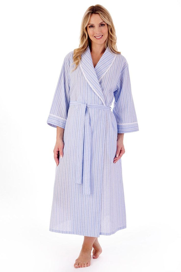 Slenderella HC01228 Blue Classic Stripe Seersucker 48 Woven Wrap Housecoat - Shirley Allum Boutique