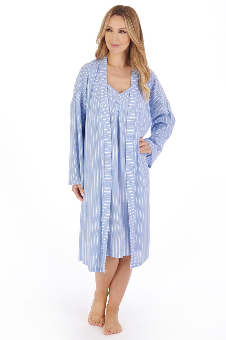 Slenderella HC05204 Blue Textured Stripe 42" Kimono Housecoat - Shirley Allum Boutique