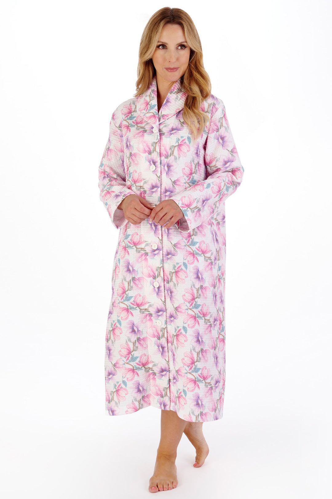 Slenderella HC05315 Pink Printed Waffle 46" Button Through Housecoat - Shirley Allum Boutique