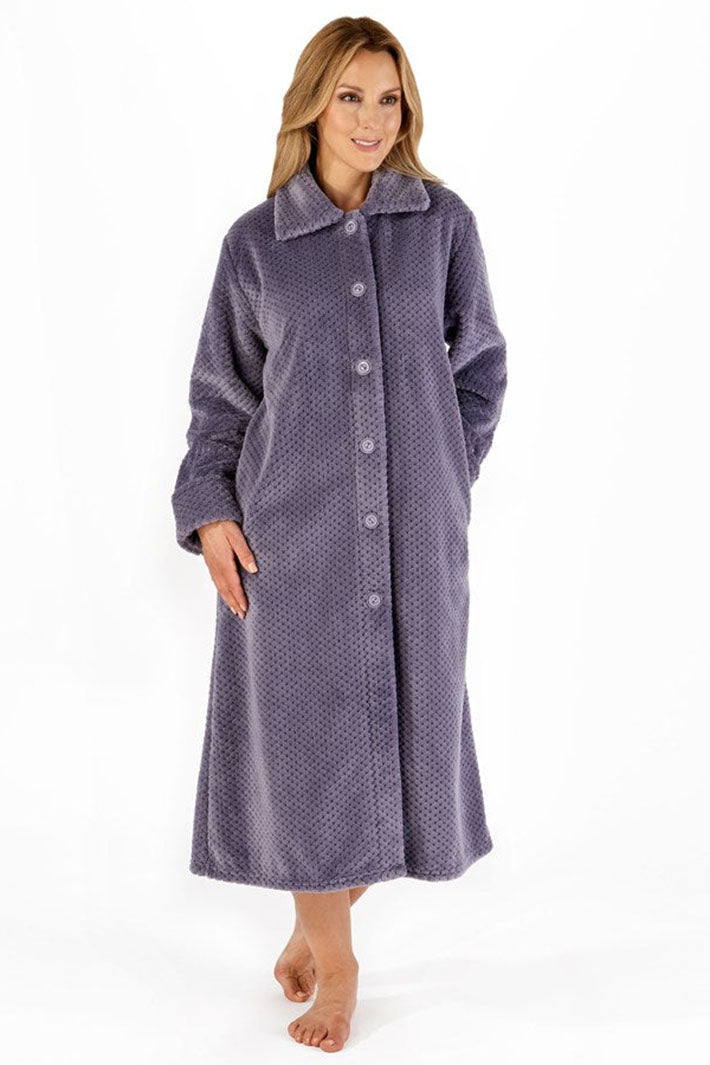 Slenderella HC4327 Grey Luxury Waffle Fleece 46" Button Through Housecoat - Shirley Allum Boutique