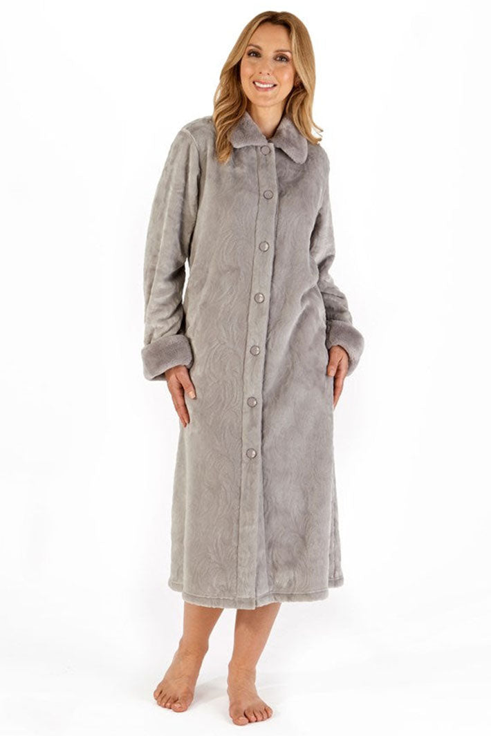 Slenderella HC66336 Grey Patterned Faux Fur Collar 46" Button Through Housecoat - Shirley Allum Boutique