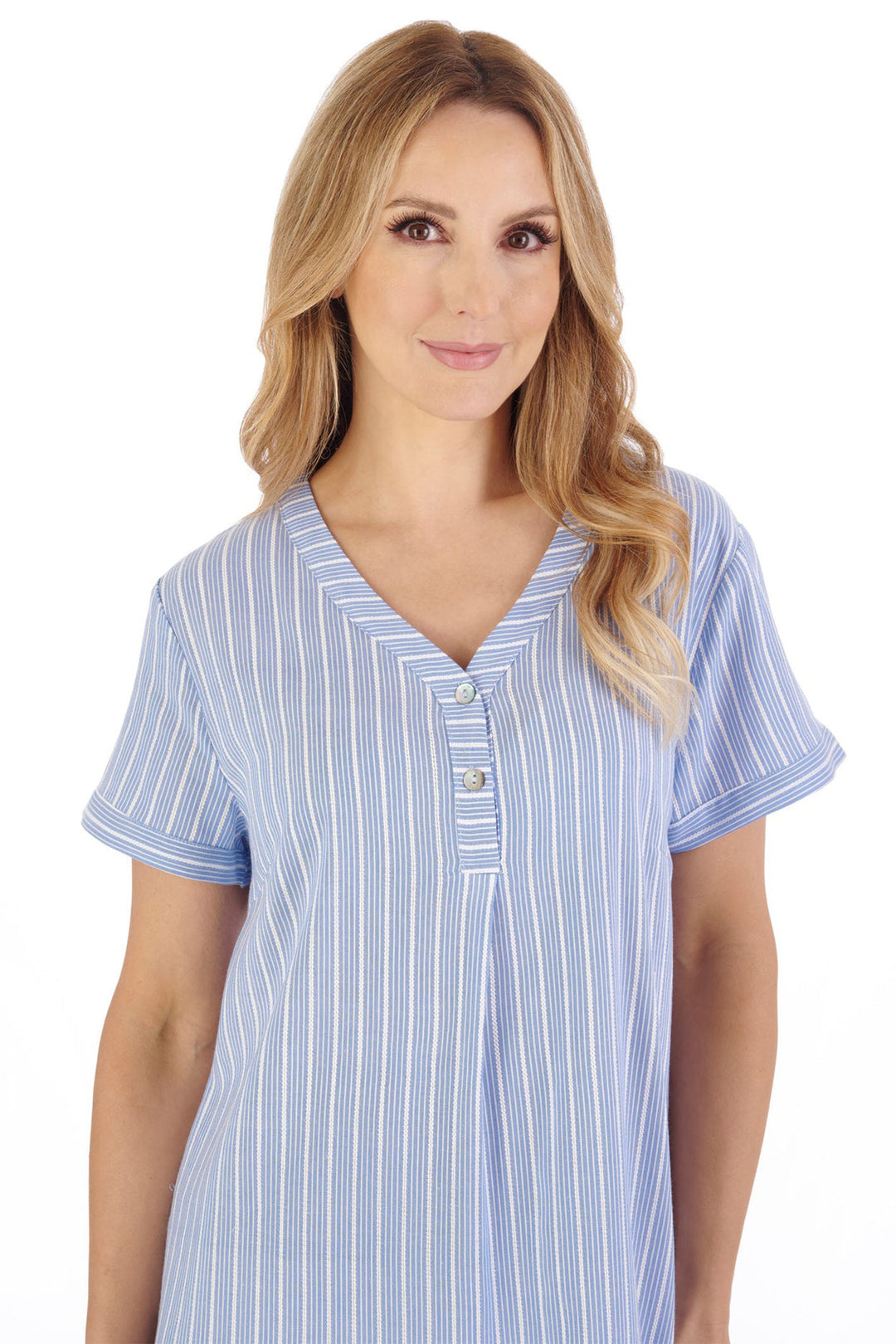 Slenderella ND05201 Blue Textured Stripe 40" Woven Nightdress - Shirley Allum Boutique