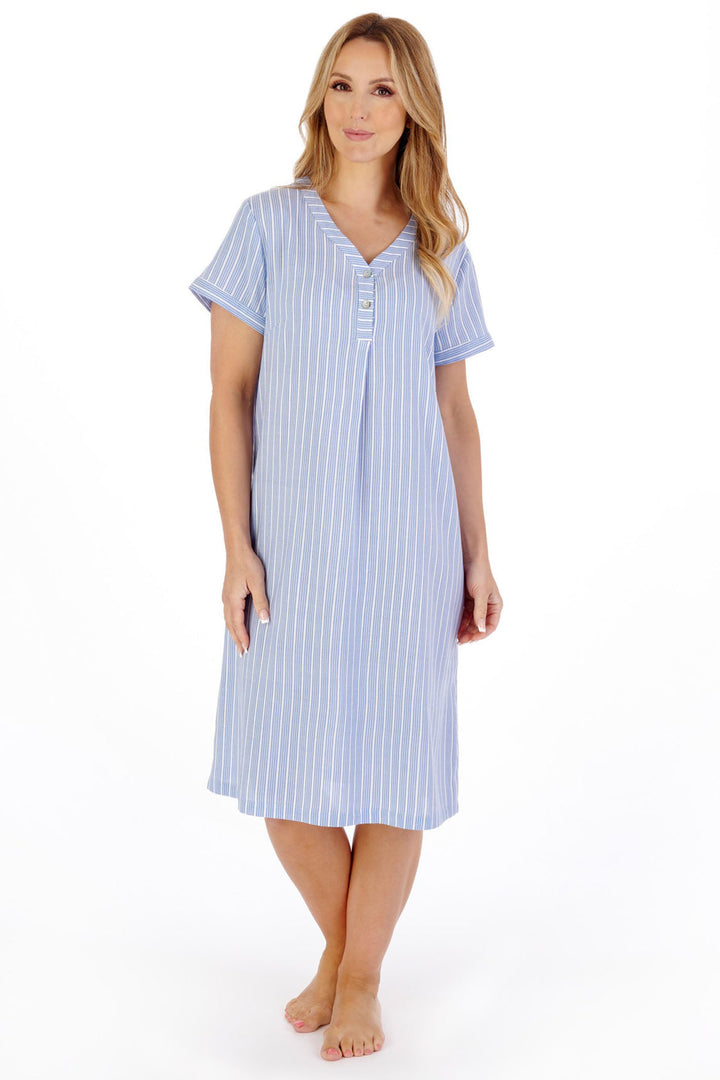 Slenderella ND05201 Blue Textured Stripe 40" Woven Nightdress - Shirley Allum Boutique