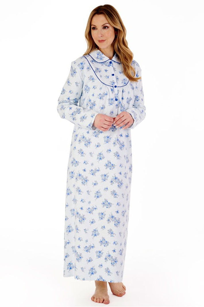 Slenderella ND88212 Blue Floral Flannel Nightdress - Shirley Allum Boutique