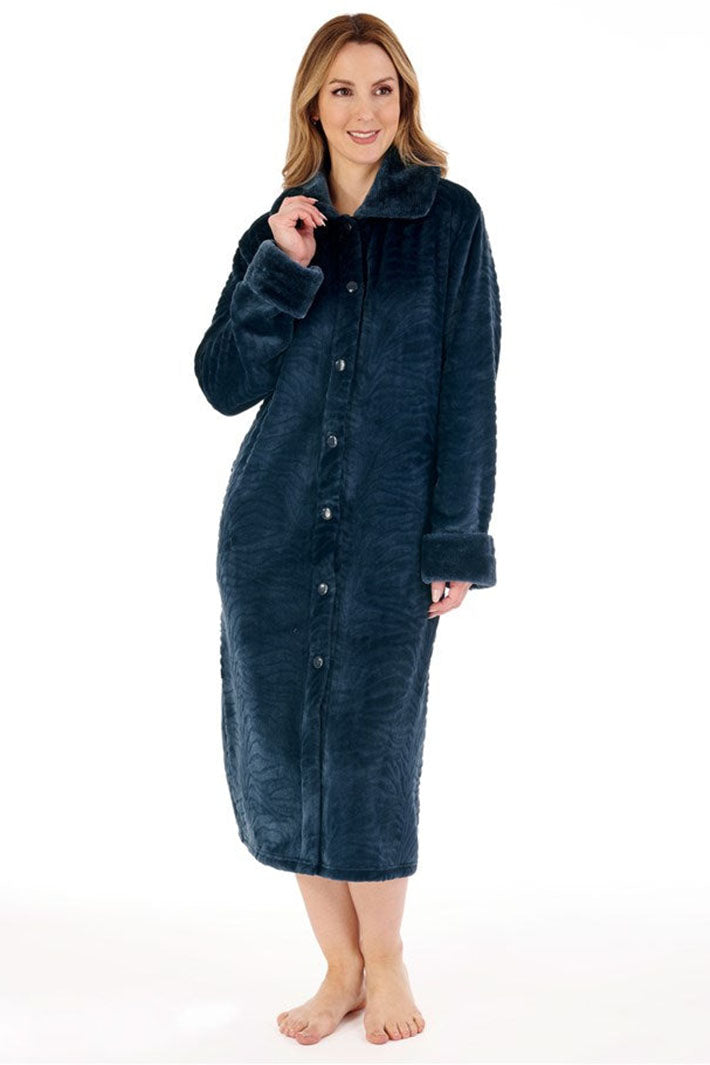 Slenderella Petrol Faux Fur Button Through Housecoat HC88336 - Shirley Allum Boutique