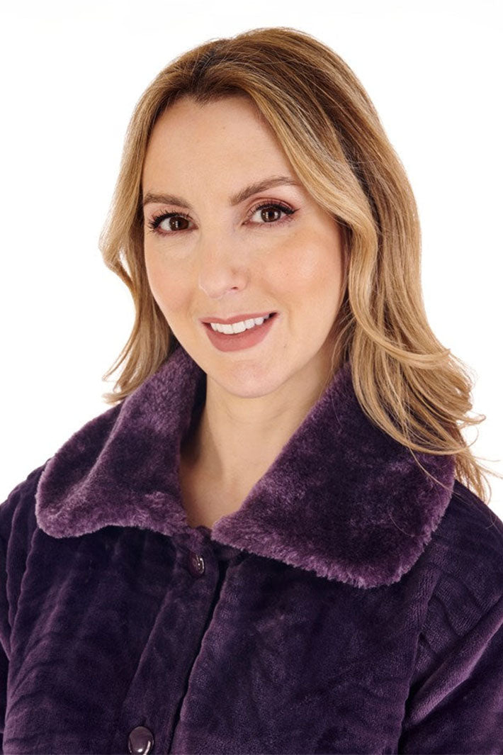 Slenderella Purple Faux Fur Button Through Housecoat HC88336 - Shirley Allum Boutique