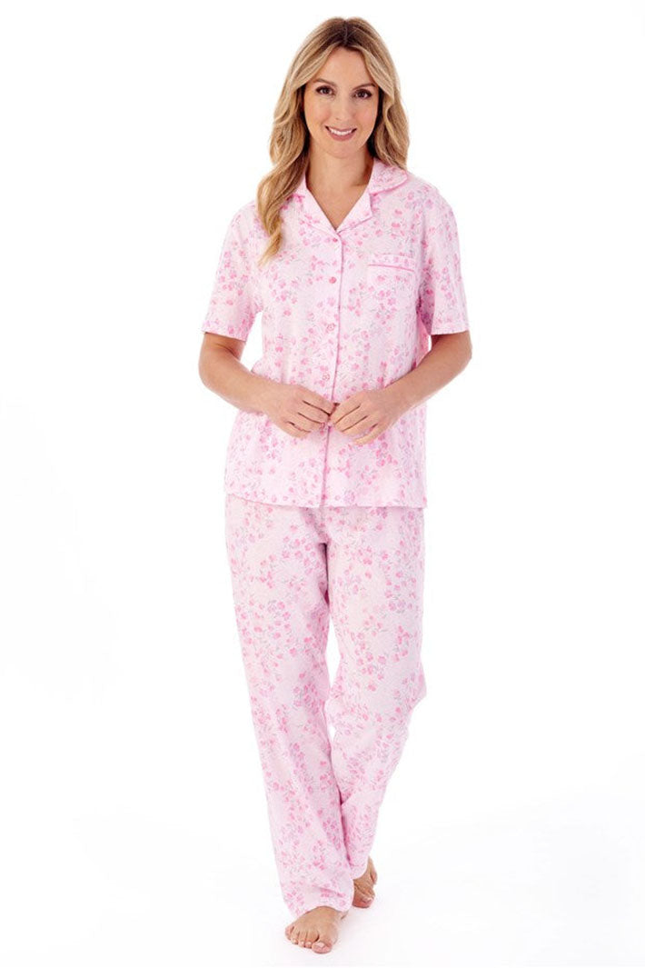 Slenderella Pyjama Set Pink Trailing Floral Print Jersey PJ01104 - Shirley Allum Boutique