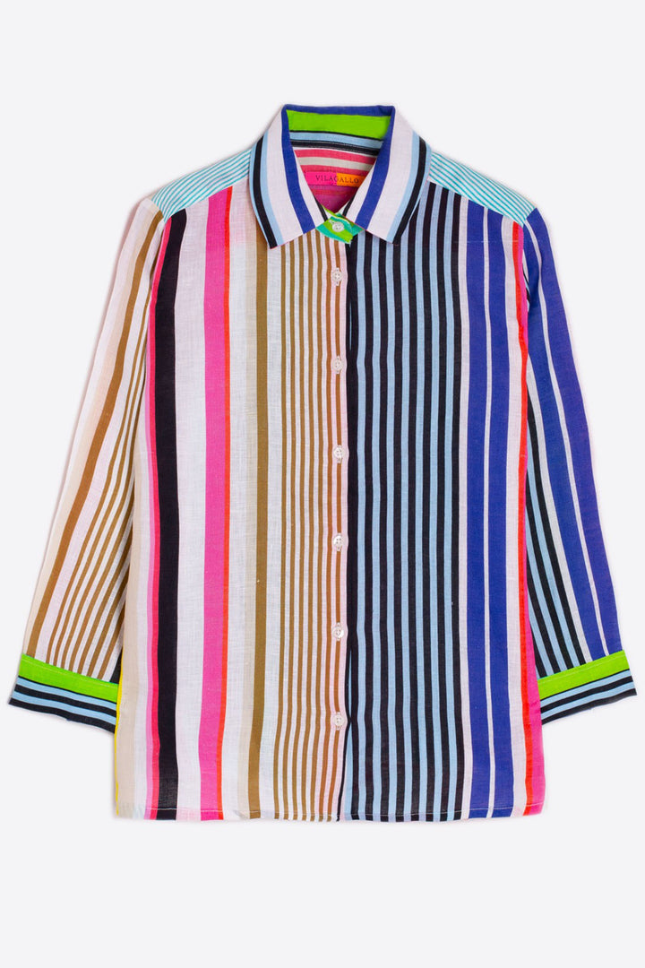 Vilagallo 32028 Sara Blue Multicolour Stripe Pure Linen Shirt - Shirley Allum Boutique