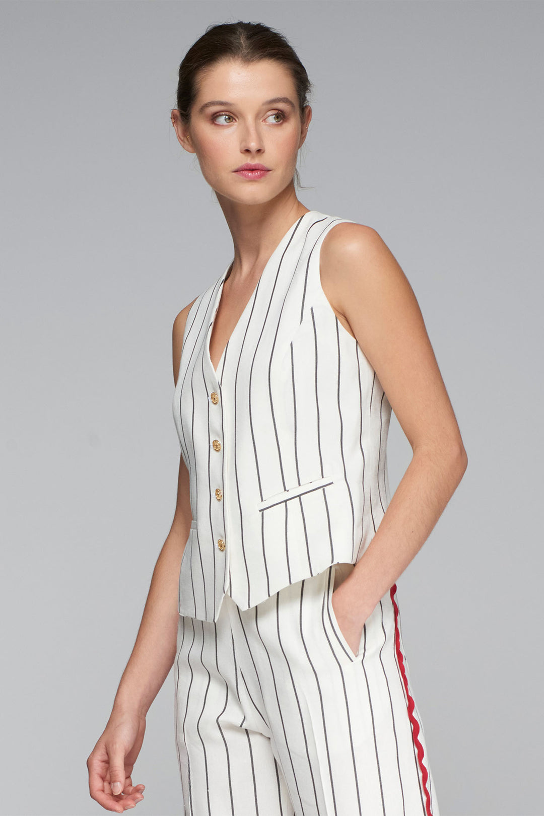 Vilagallo Agata Waistcoat White Black Stripe 32183 - Shirley Allum Boutique