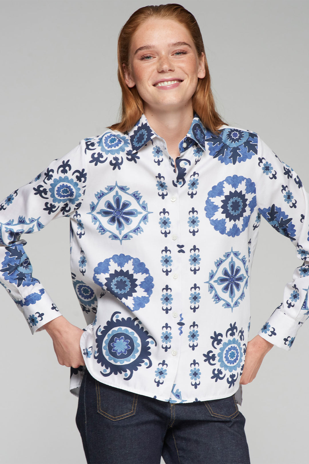 Vilagallo Isa White Shirt Blue Print 32305 - Shirley Allum Boutique