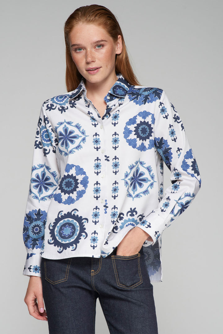 Vilagallo Isa White Shirt Blue Print 32305 - Shirley Allum Boutique